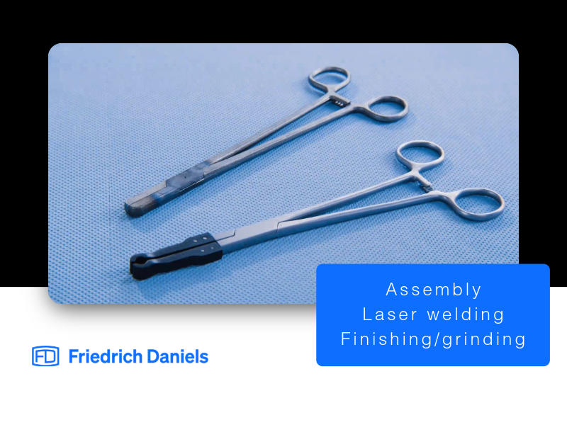 Industrial component in production showing assembly, laser welding, and finishing grinding